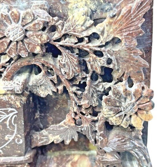 Handcarved Soapstone  Flower Pot & Peacock Reddish Brown Bookend MCM - Picture 3 of 15